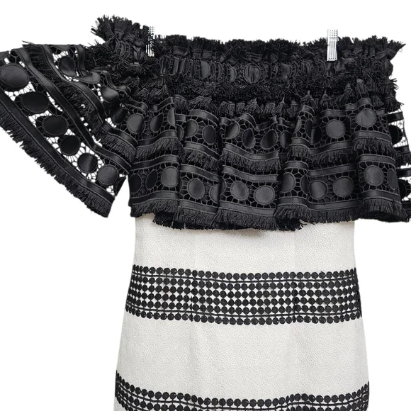 Nwot Badgley Mischka Black/White Off Shoulder Fringed Shortsleeve Ruffle Dress - Picture 8 of 17